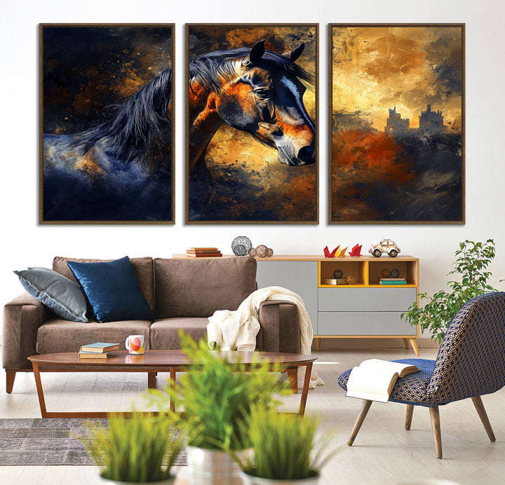 Abstract Horse Art Print on canvas, featuring a colorful background, perfect for rustic farmhouse or equestrian decor.
