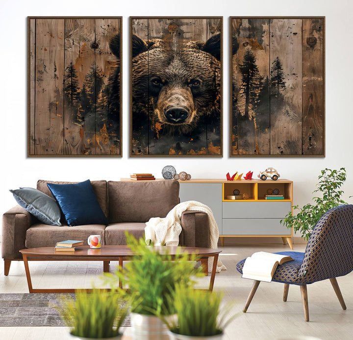 The bedroom showcases the Rustic Grizzly 399 Wall Art, a triptych canvas print that brings woodland charm to the space with its striking depiction of a bear. Elegantly displayed on a wooden wall, it enhances the rustic cabin feel.