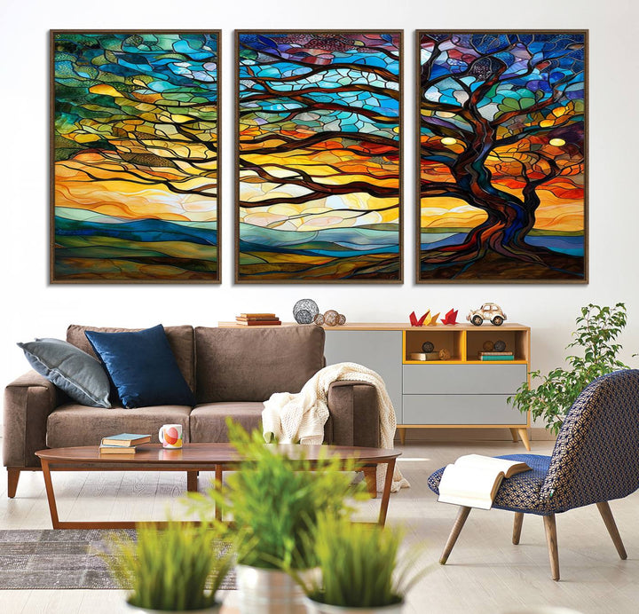 A vivid Tree of Life in stained glass style is depicted with twisted branches, a colorful sky, and hills on a ready-to-hang canvas.