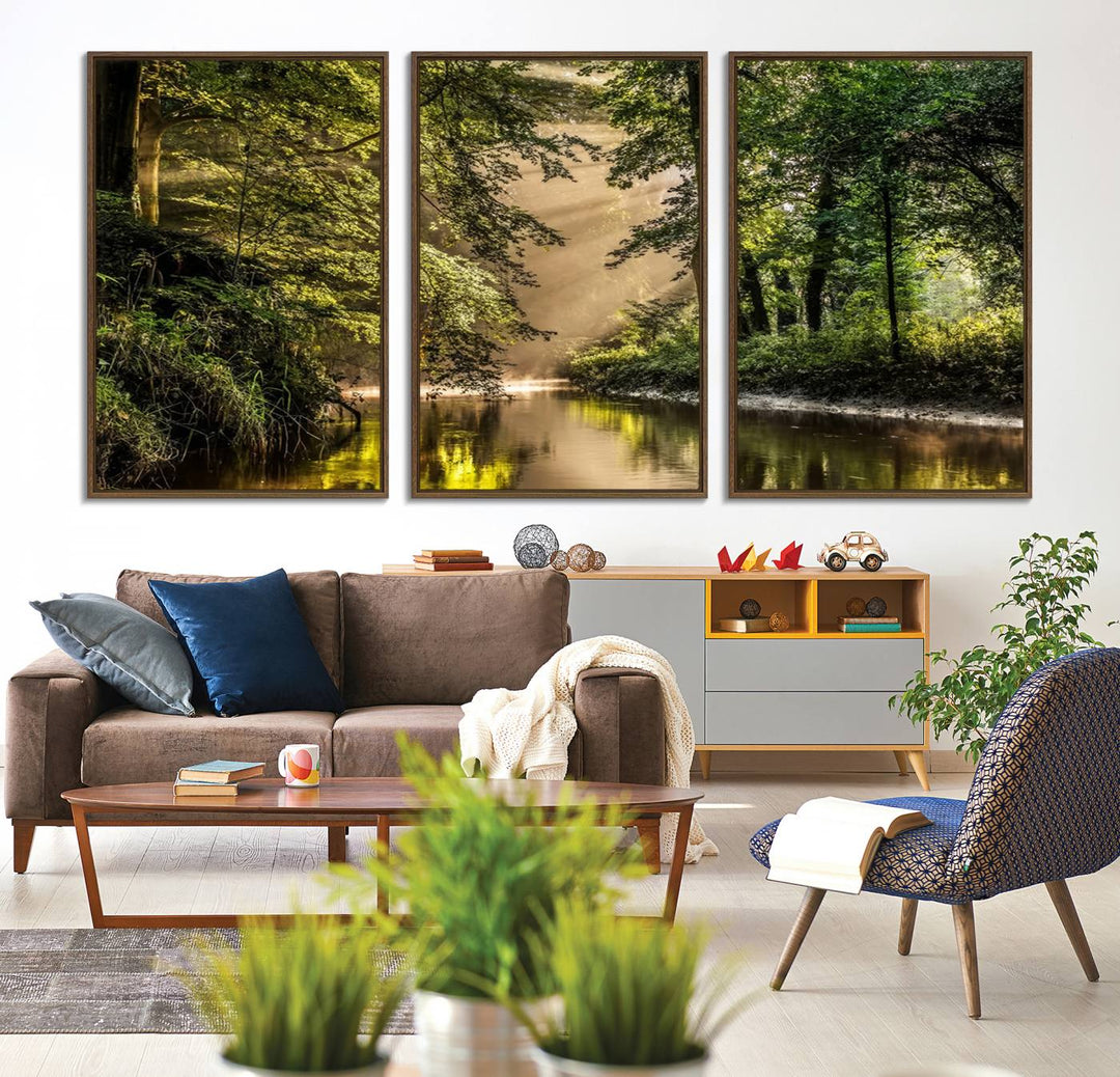 Forest Wall Art Print: A river landscape bathed in sunlight, perfect for rustic decor or as wall art for farmhouses and cabins.