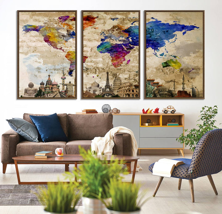 Artistic world map featuring landmarks like the Eiffel Tower, printed on premium wall art for office or living space.