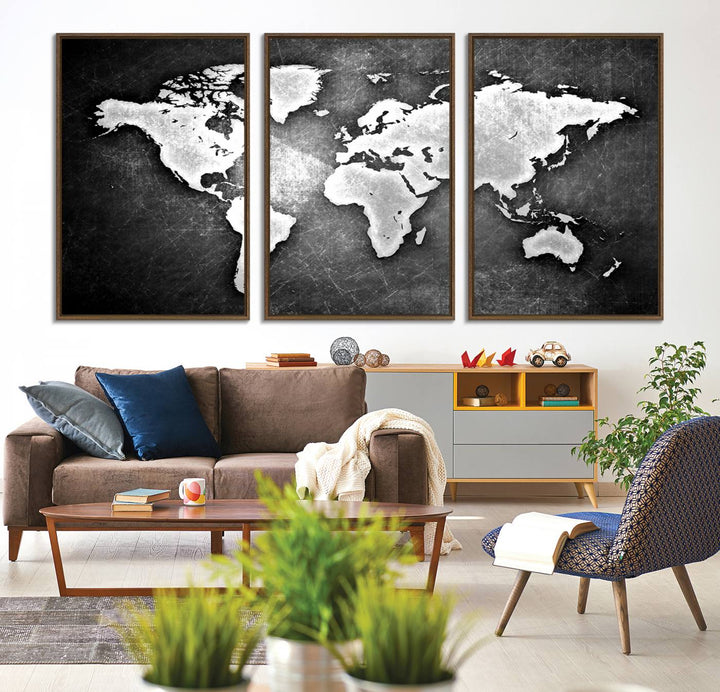 Black & White 3-Panel Framed World Map Canvas Art with Grunge Design.