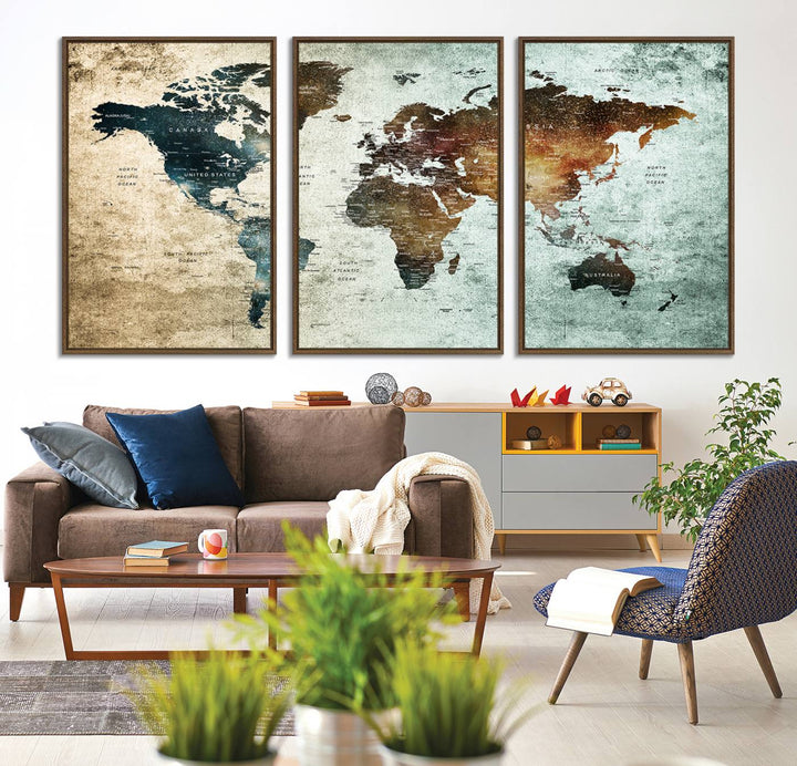 The Push Pin World Map Canvas Print serves as an ideal piece of wall art for travel lovers, showcasing vibrant colors and intricate details.