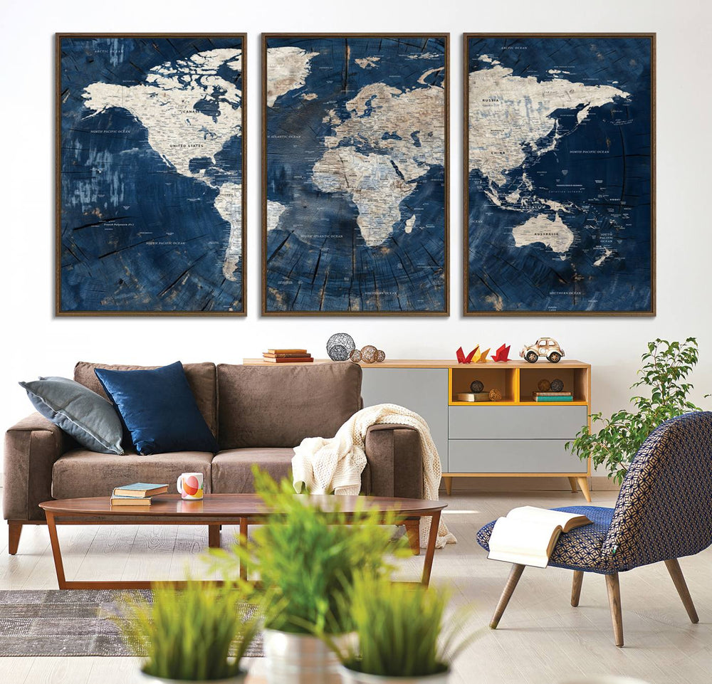 Rustic World Map Wall Art Canvas: Features a vintage blue design with a wood texture, highlighting continents in light hues.