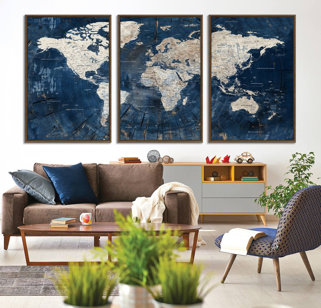 Rustic World Map Wall Art Canvas Print | Large World Map on Wood Texture, Vintage Blue World Map Print