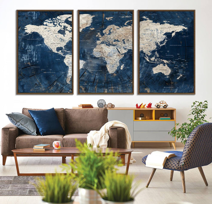 Rustic World Map Wall Art Canvas Print | Large World Map on Wood Texture, Vintage Blue World Map Print