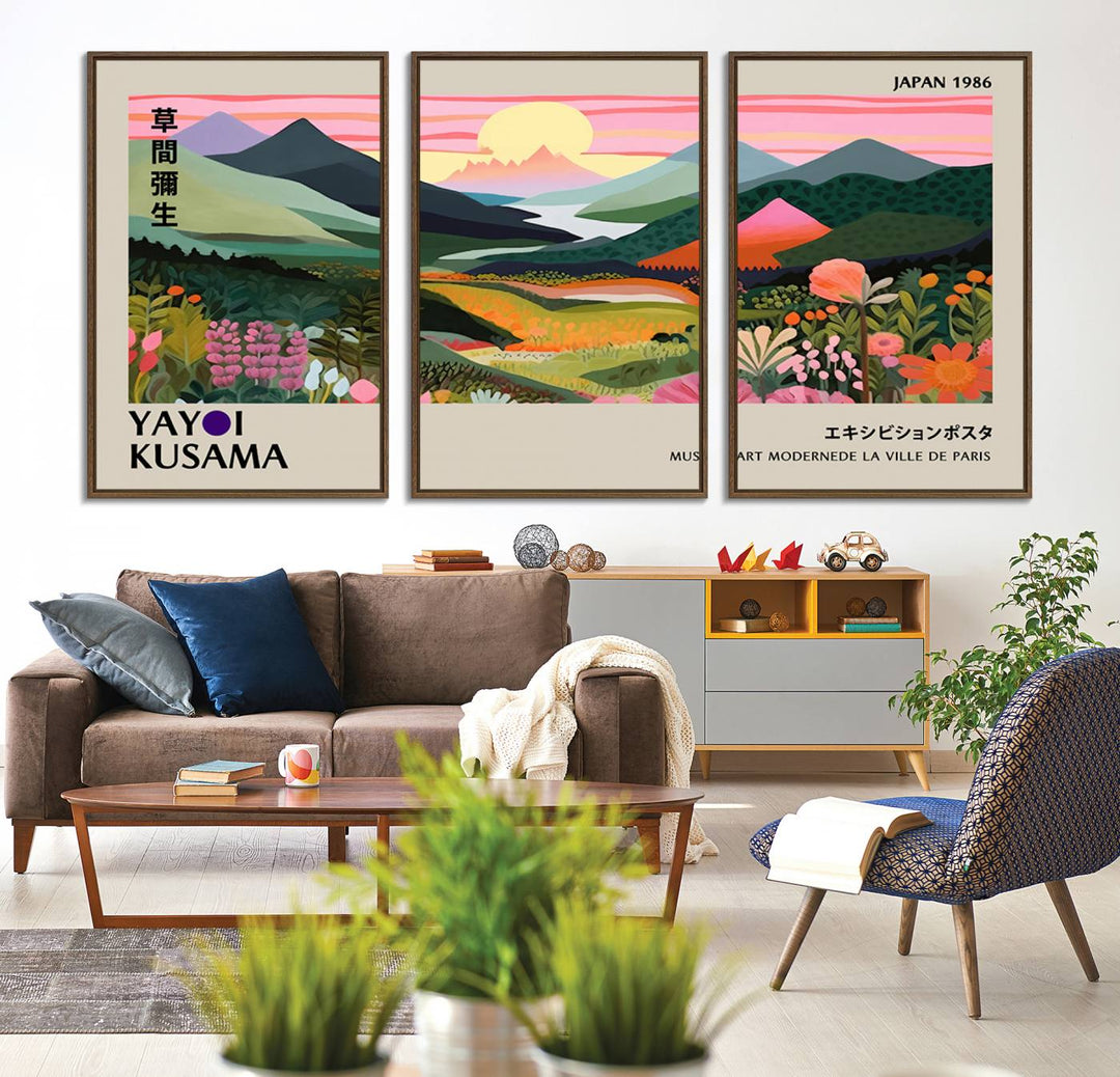 Vibrant abstract landscape canvas with mountains and fields, titled Yayoi Kusama 1986 Wall Art Print.