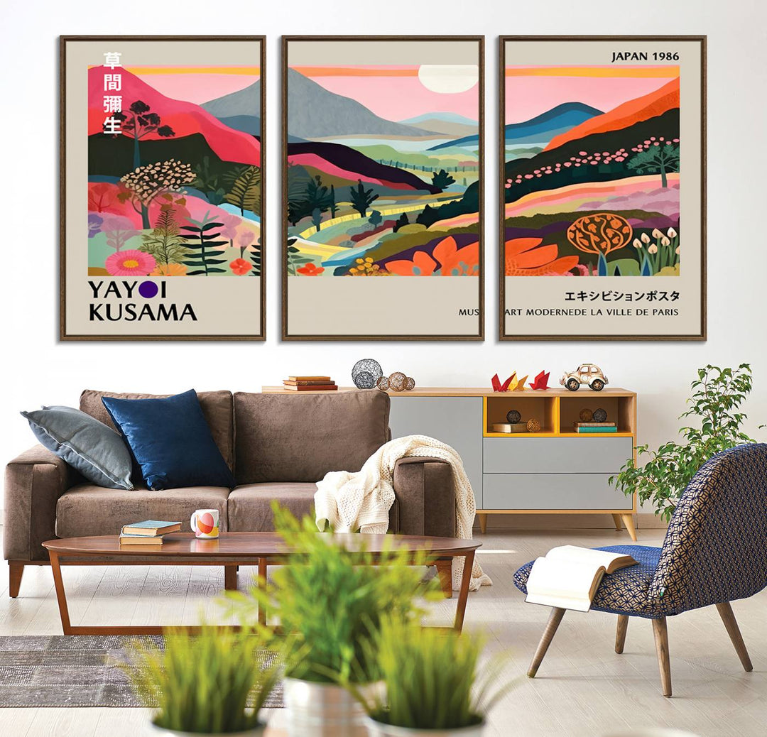 Vibrant abstract landscape canvas inspired by Yayoi Kusama, featuring mountains, trees, and flowers in a triptych style.