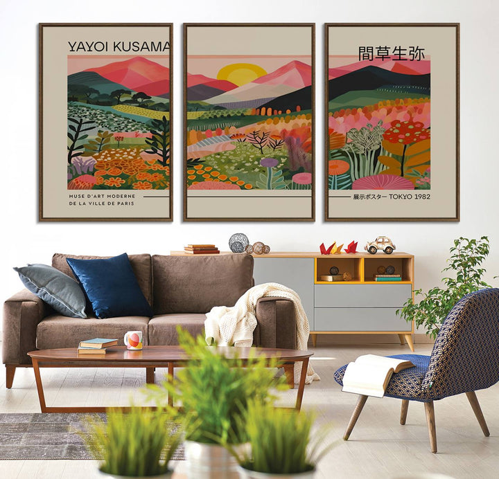 A vibrant abstract triptych features mountains, a sun, and plants in Yayoi Kusamas style with Japanese and French text included.