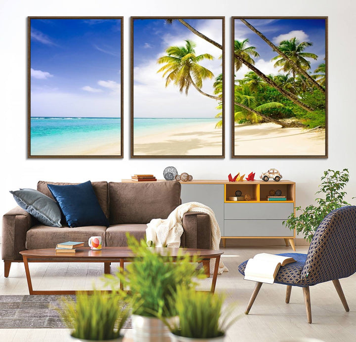 Tropical Beach Canvas: Palm Trees & White Sand Shore Decor, Vibrant Coastal Print, Ready to Hang.