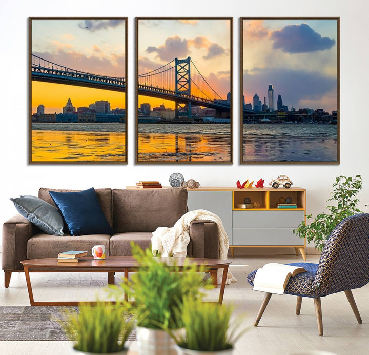 Ben Franklin Bridge Wall Art Print – Philadelphia Skyline Sunset Canvas Print.