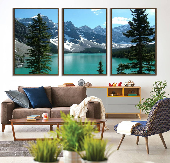 Canadian Rockies Moraine Lake Landscape Canvas Print showcasing a turquoise lake and mountain view.