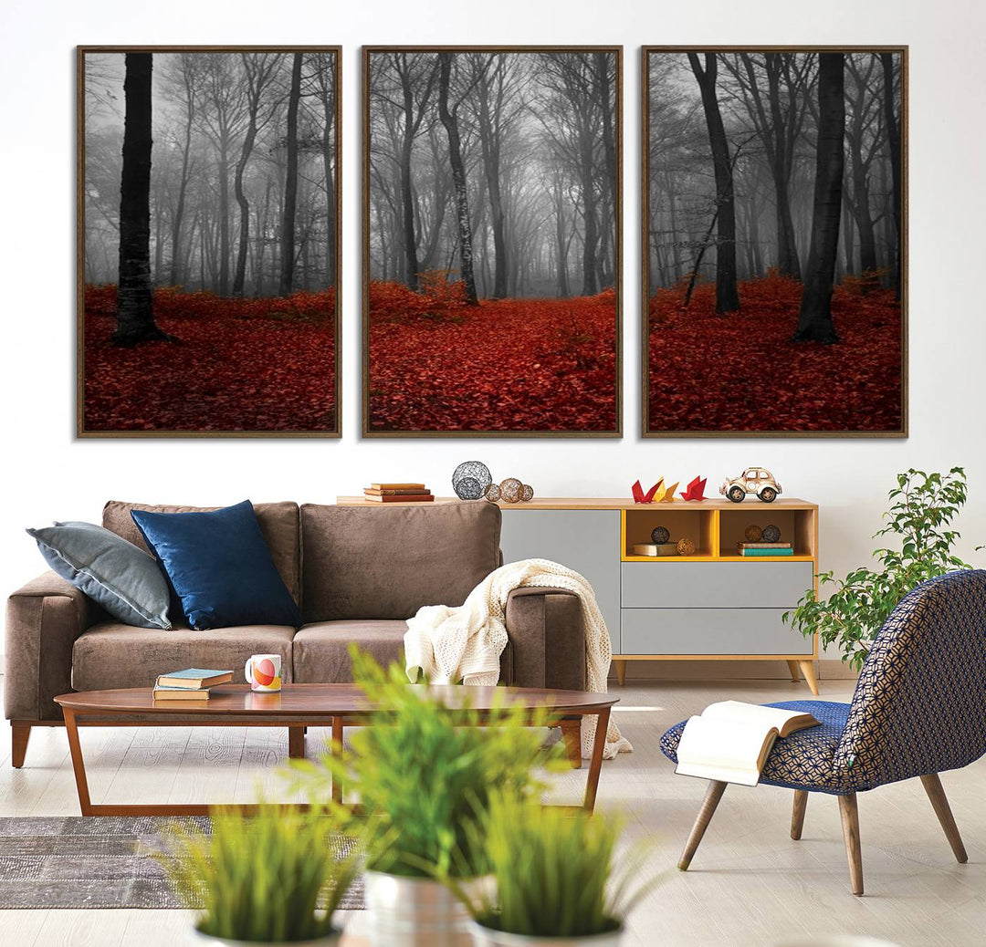 A large, museum-quality canvas print titled Wonderful Forest with Red Leaves.