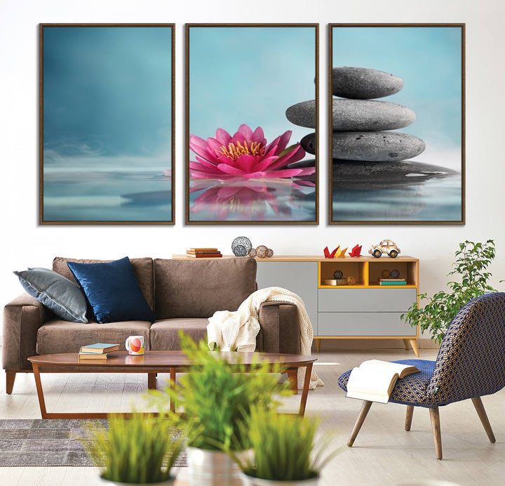 The dining room features a Zen Serenity Triptych wall art, showcasing a calming depiction of lotus flowers and balancing stones.