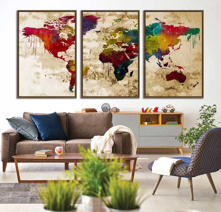 The Rainbow Colored Vintage World Map Canvas Print decorates the room.