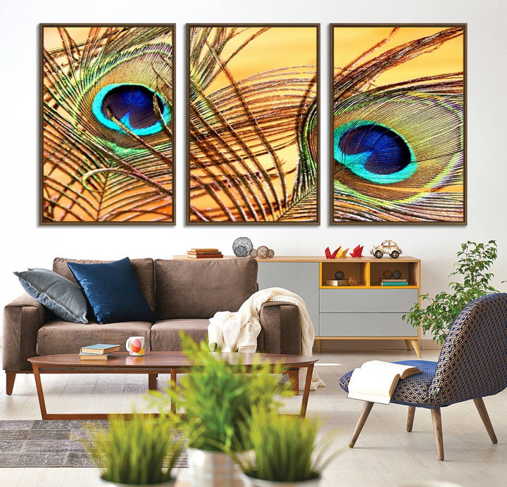 The room features vibrant peacock feather wall art.