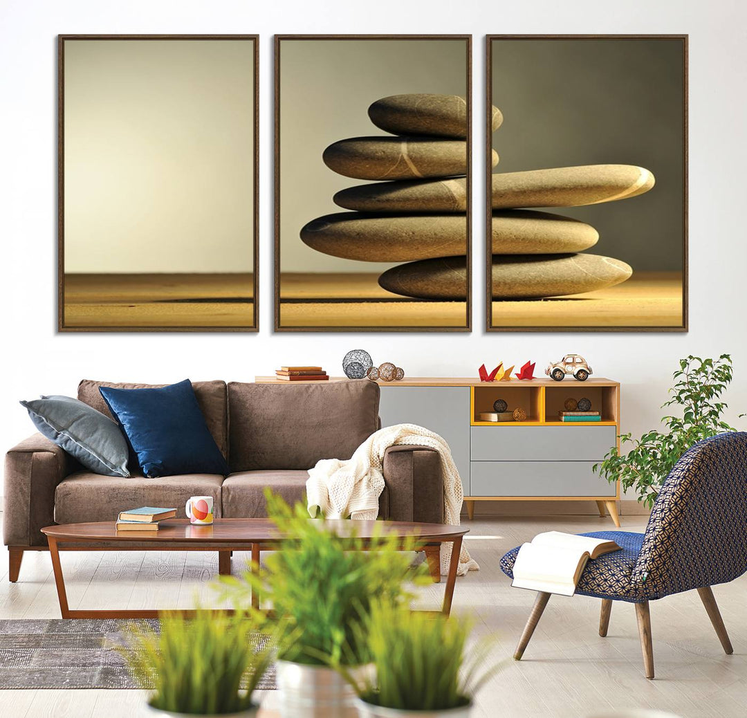 The Yellow Zen Stones on Yellow Background Wall Art is a striking feature in this minimalist kitchen.