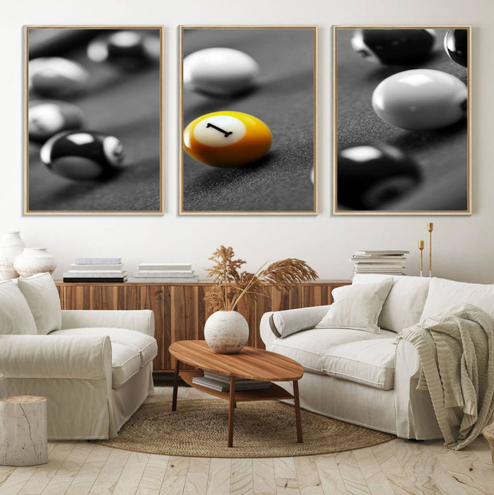 The Black and White Concept Billiard Balls Canvas Print elevates the space with museum-quality charm.