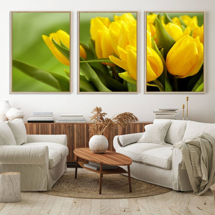 The Wall Art Yellow Tulips Canvas Print on a green background is featured.