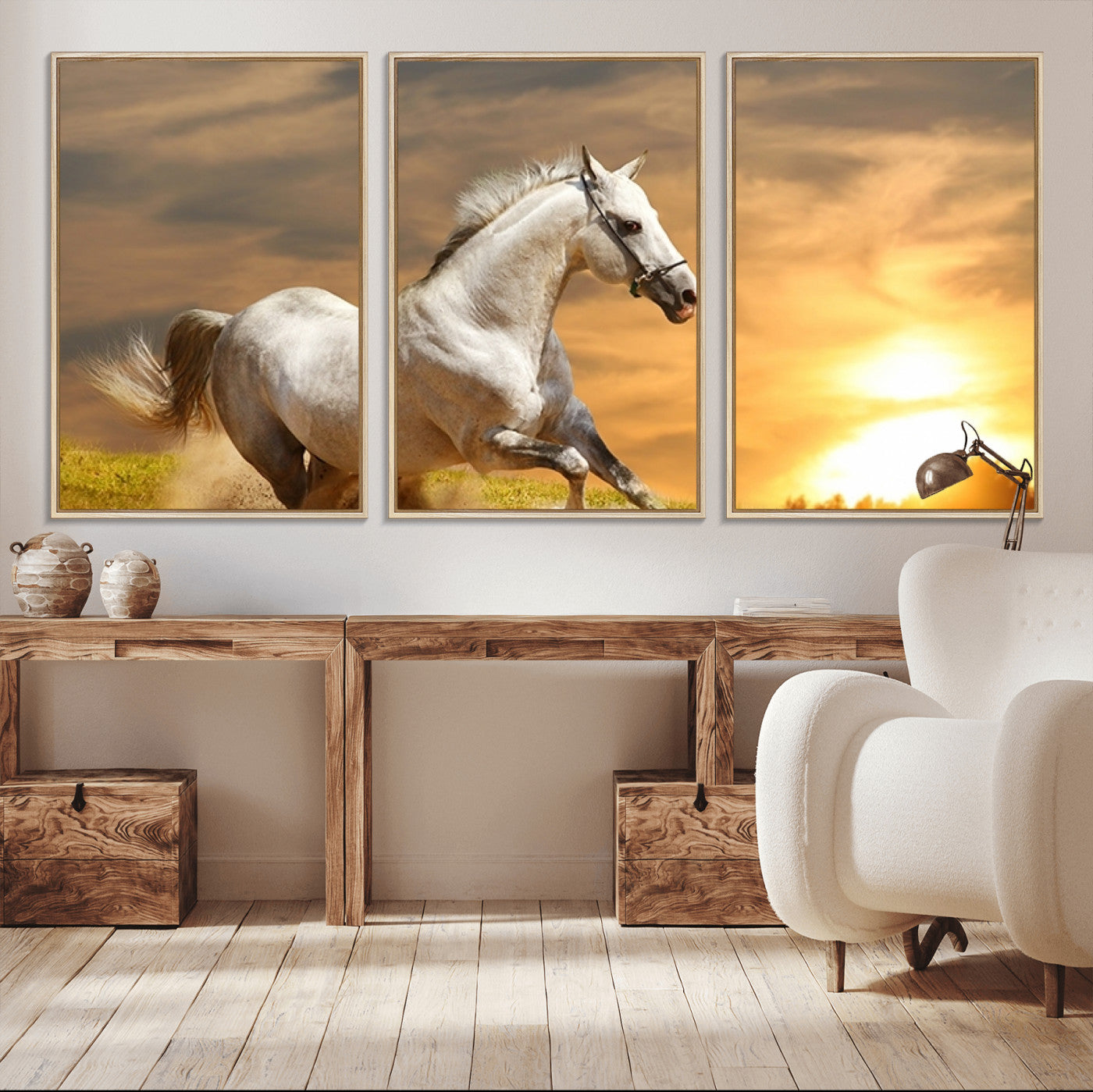 MGV-FC-60X30-3P - Large Wall Art Galloping White Horse at Sunset Canvas Print