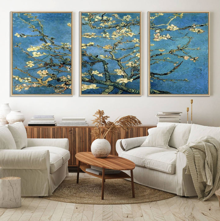 A Van Goghs Almond Blossom canvas print adds a touch of elegance to the wall.