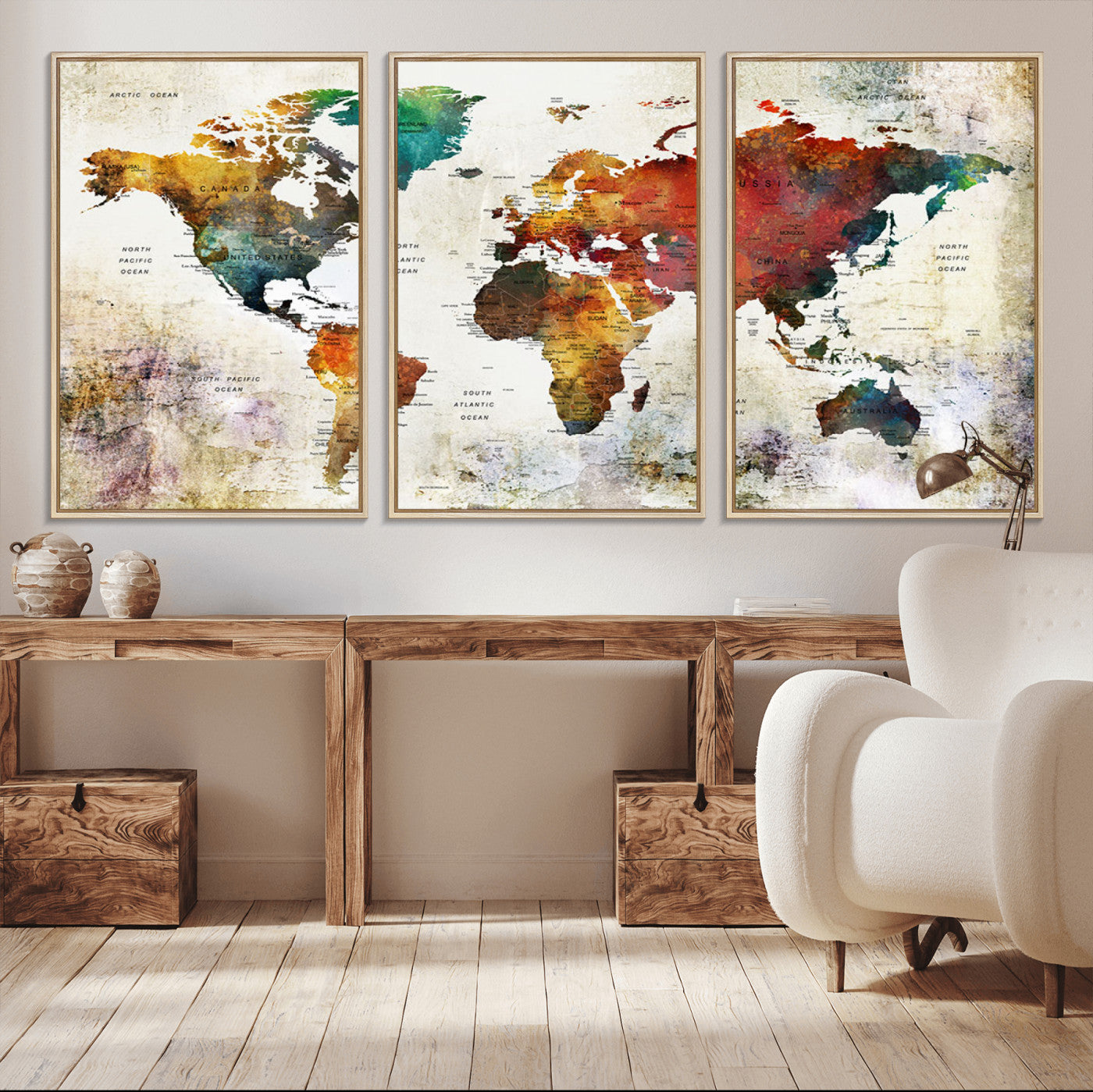 92207-MGV-CV-36X24-Watercolor World Map Canvas Print – Framed Push Pin Wall Art for Couples, Artistic Travel Map for Modern Home and Office Decor