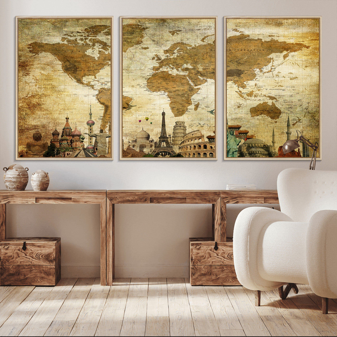 97849-MGV-CV-36X24-Vintage World Map Canvas Wall Art – Framed Push Pin Travel Map with Famous Landmarks, Rustic Home and Office Decor Artwork for Travelers