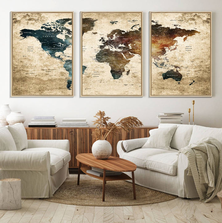 Vintage World Map Canvas Wall Art, perfect for antique-style decor, displayed against a light wood wall.