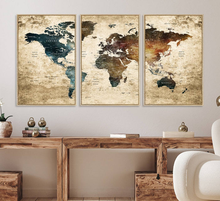 Grunge World Map Canvas featuring earth-toned continents, suitable for study, office, or living room.