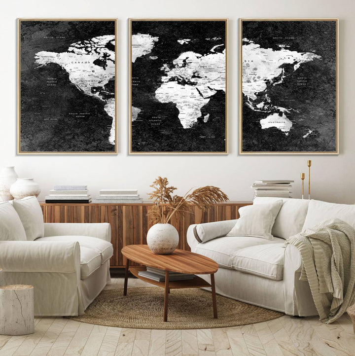 The dining room features a Modern Grayscale World Map 3-Panel Canvas Art as its focal point.