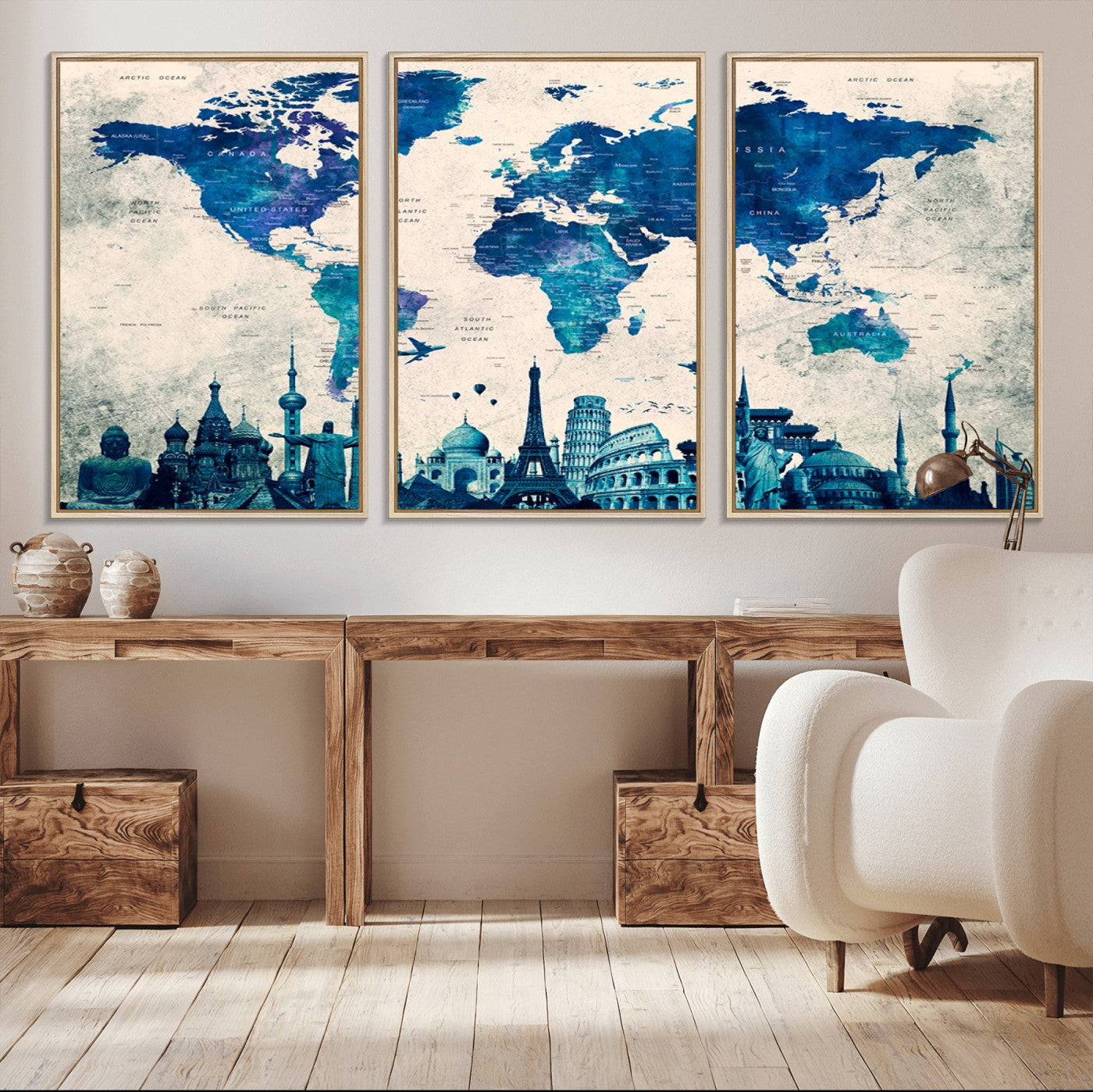 13588-MGV-FC-60X30-3P_Natural-Navy Blue World Map Canvas Print – Framed Push Pin Travel Map Wall Art, Elegant Adventure Decor for Home or Office