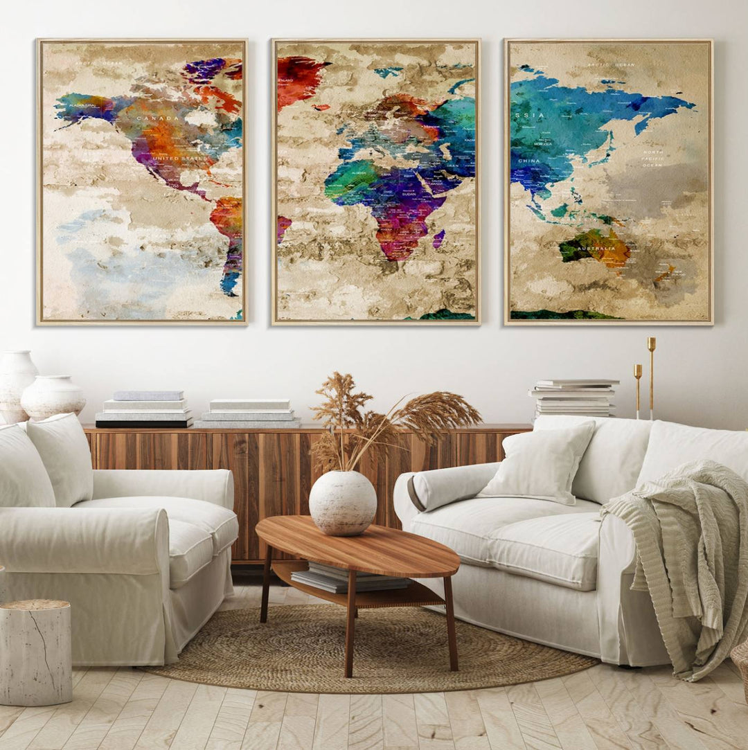 An Abstract Large Watercolor World Map Canvas Print hangs prominently.