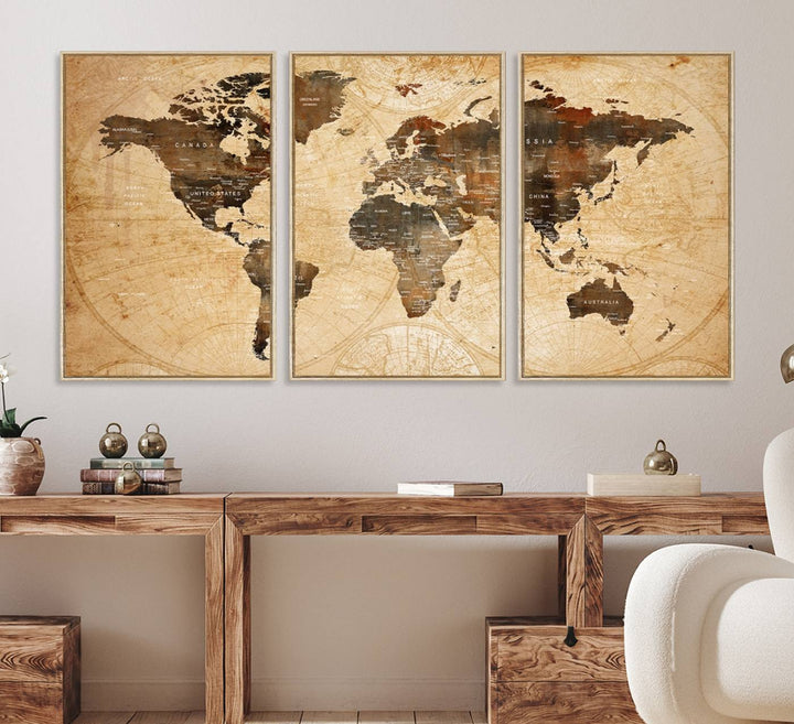 Vintage World Map: 3-Panel Canvas Print in antique rustic style. Framed and gallery wrapped. Ideal for decor.