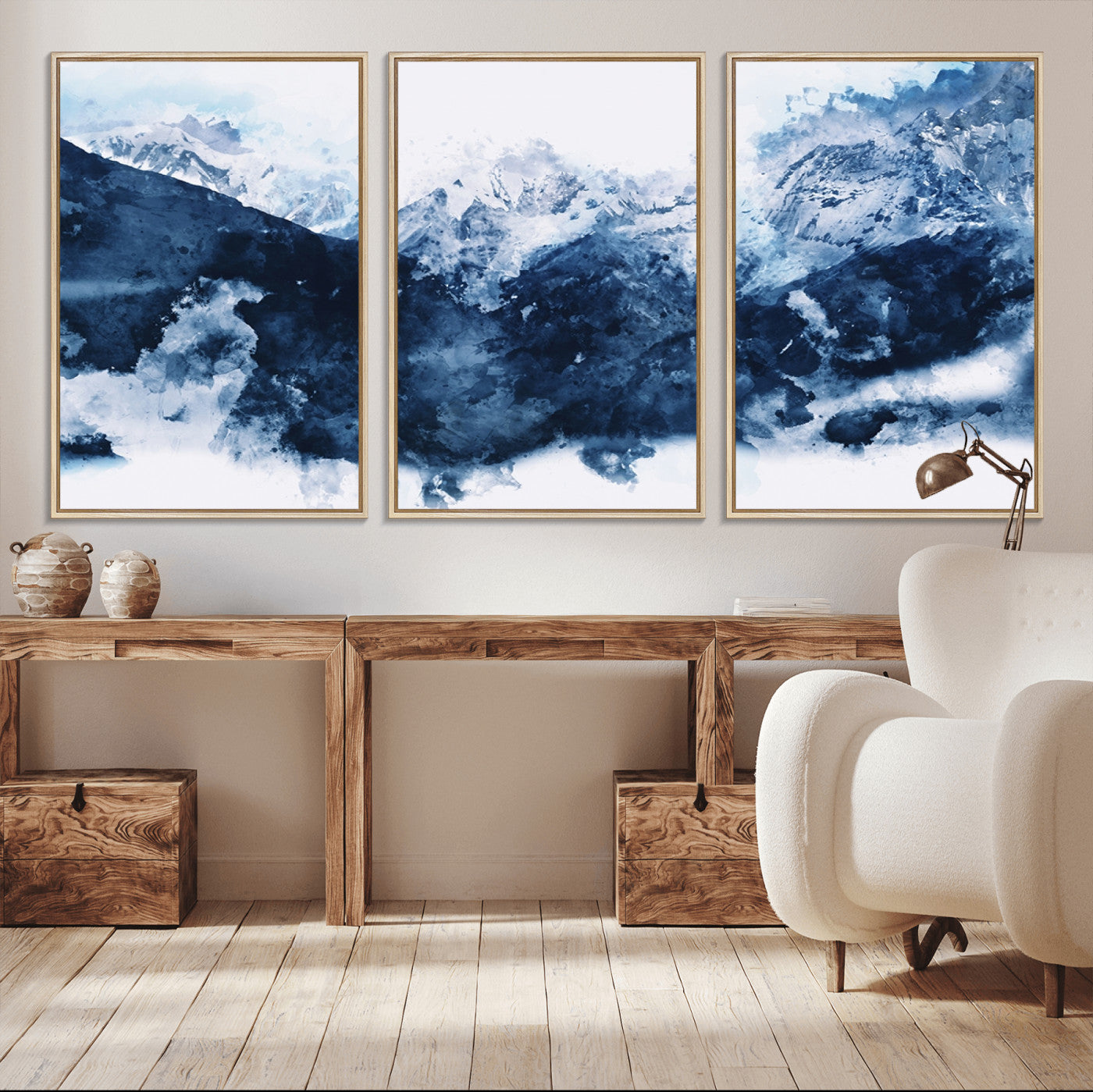 81700-MGV-FC-60X30-3P_Natural-Abstract Blue Mountain Canvas Wall Art – Modern Triptych Landscape Print – Contemporary Nature Decor
