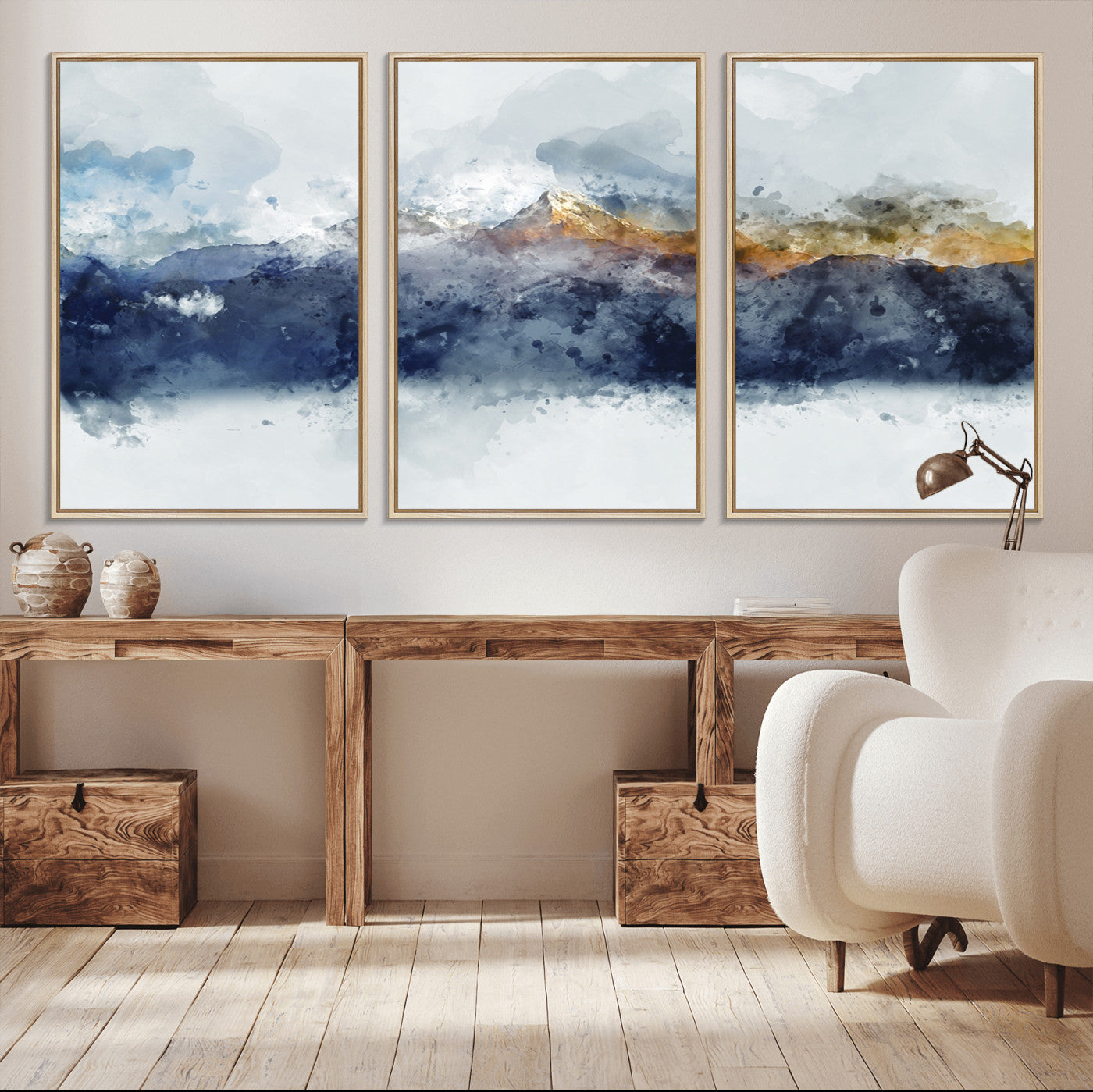 89149-MGV-CV-36X24-Abstract Mountain Range Art Canvas Print | 3 Panel Watercolor Landscape for Living Room, Office, or