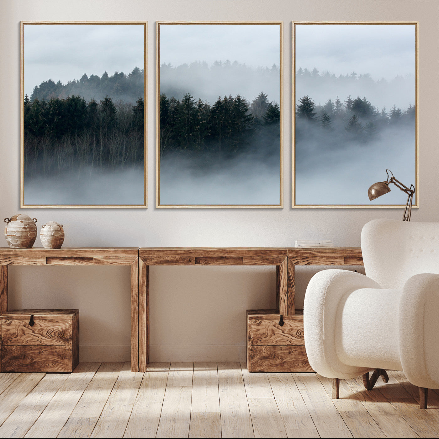 MGV-FC-60X30-3P - Autumn and Misty Trees in the Forest Wall Art Canvas Print, Foggy Forest Mountain Wall Art Canvas
