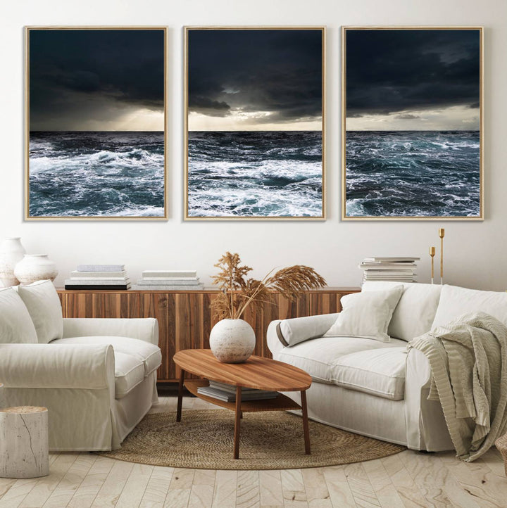 A Dark Clouds Stormy Sea canvas print, ready to hang, enhances the room.