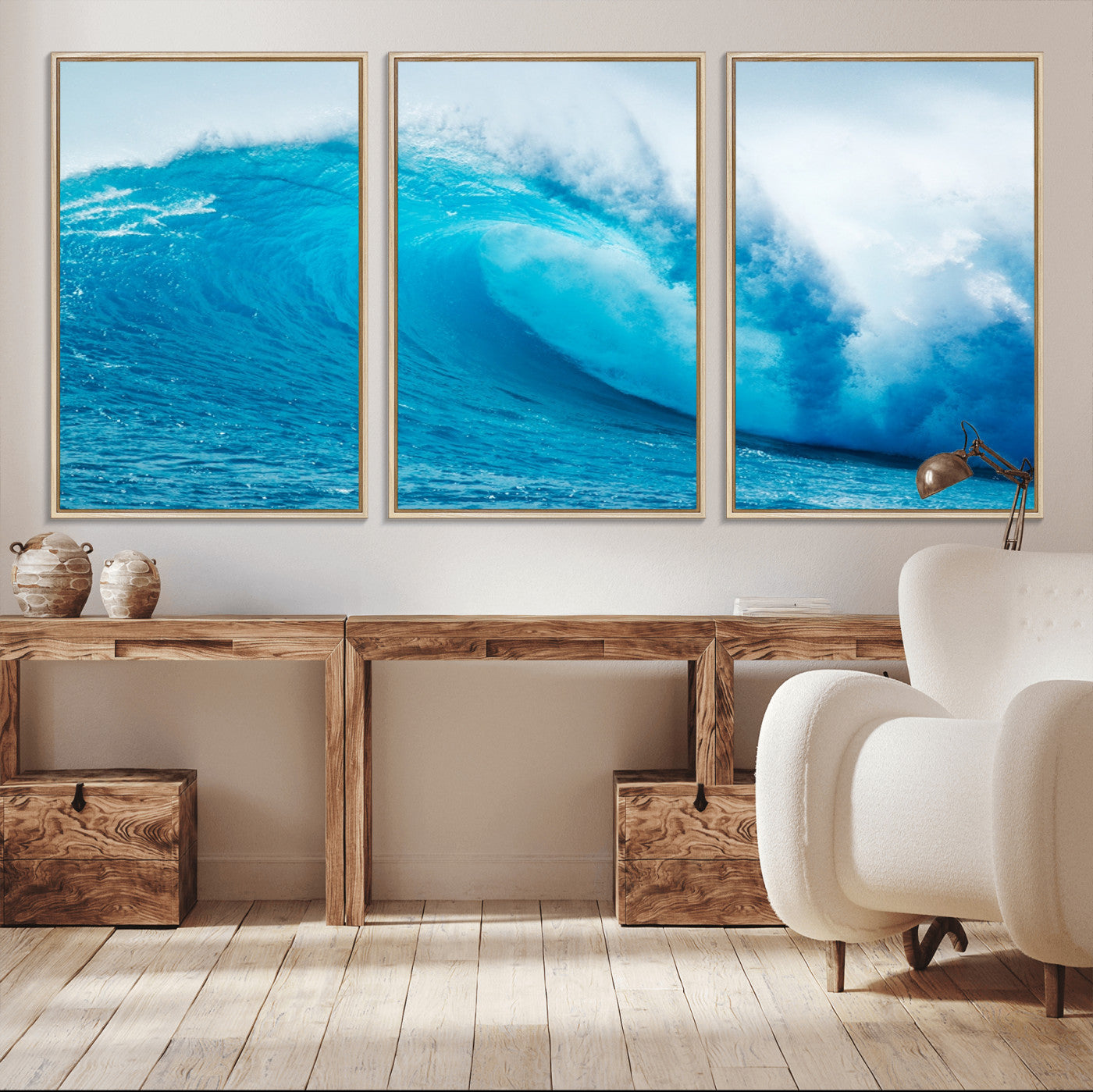 13117-MGV-FC-60X30-3P_Natural-Big Ocean Surfing Wave Wall Art Canvas Print