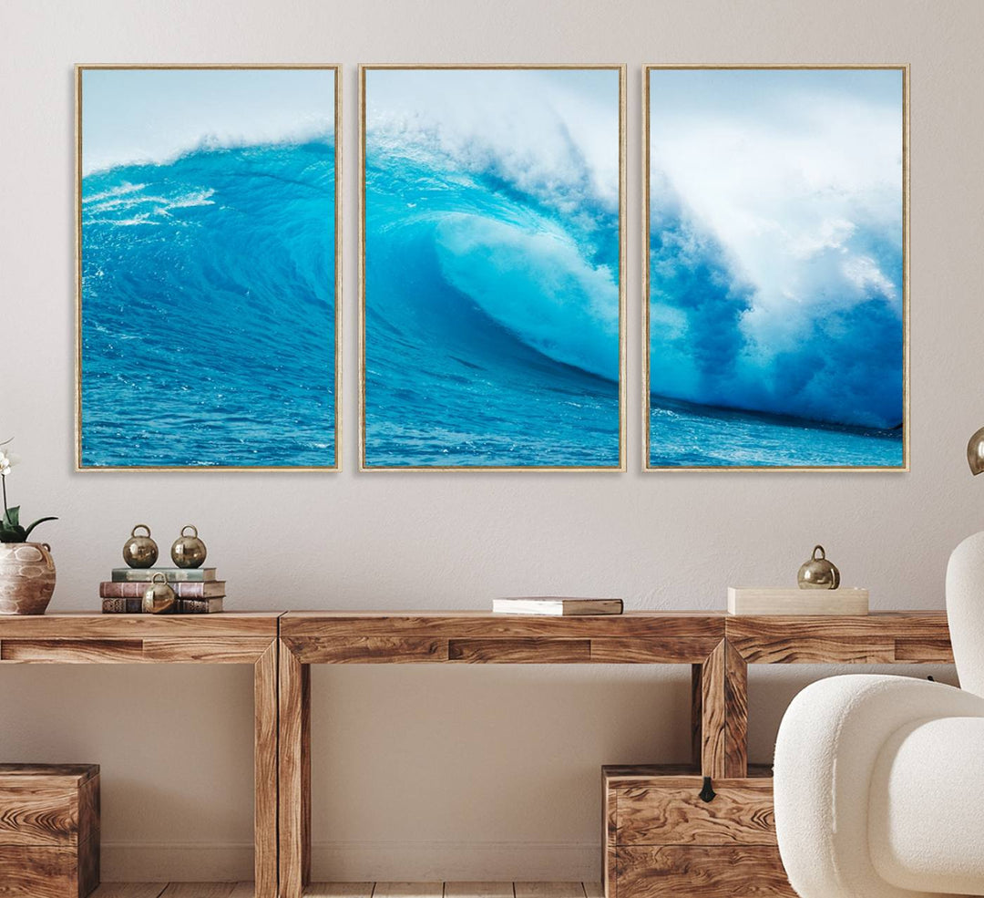 A museum-quality canvas depicting a vibrant blue ocean wave with white foam under a clear sky.