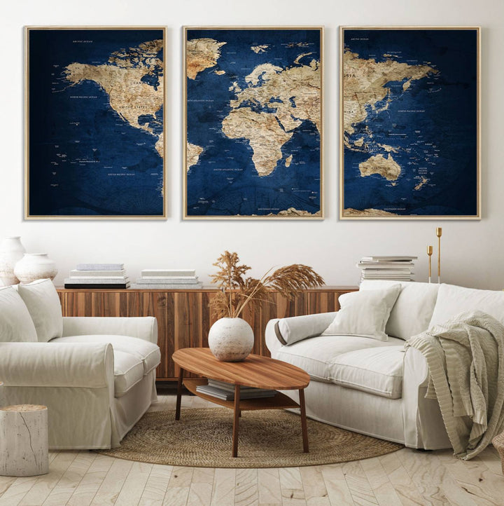 Classic Vintage Blue World Map Canvas Print featuring beige continents against a deep blue background.