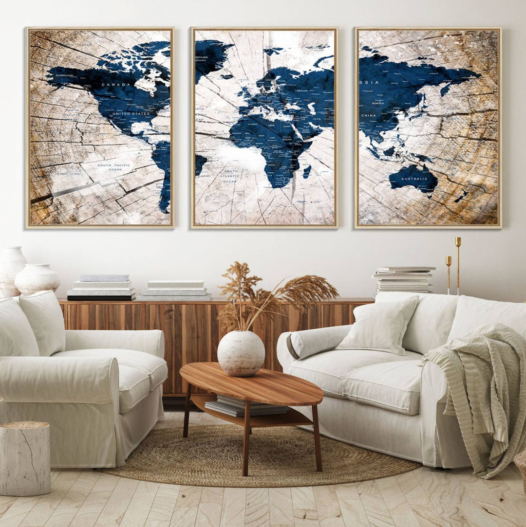 The Vintage World Map on Grunge Background Canvas serves as the focal point of the room.