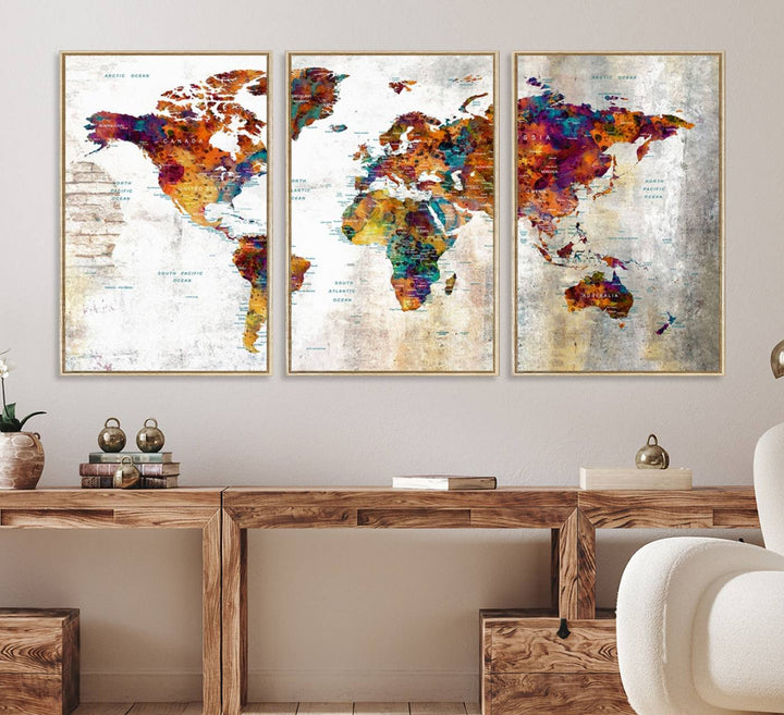 A vibrant Grunge Map Canvas Wall Art Set (3 Panels) for home or office decor, perfect for travel enthusiasts.