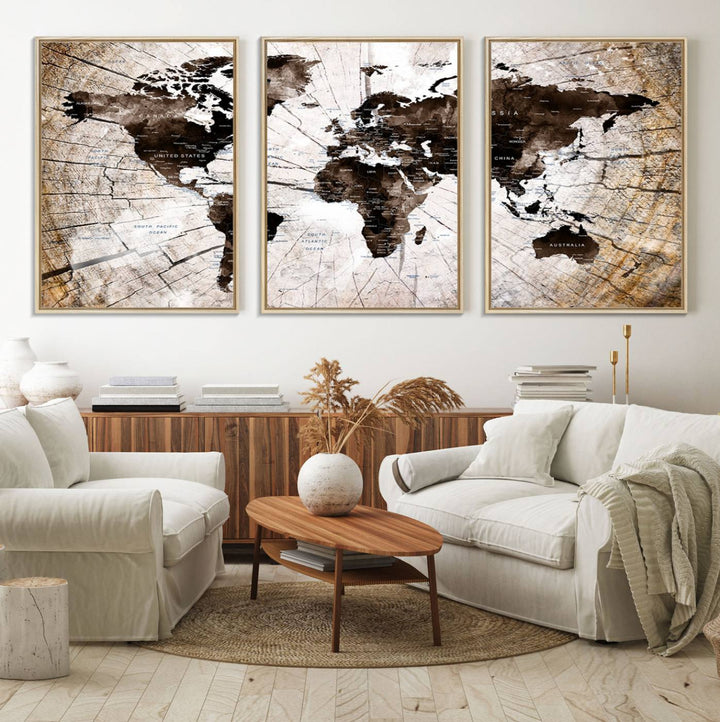 The Tree Ring World Map Canvas hangs above the table, blending into the nature-inspired setting.