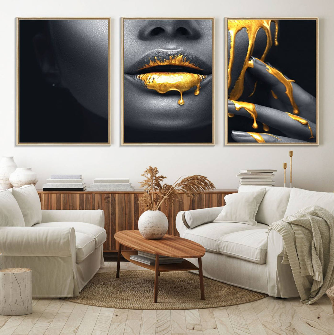 The Gold Lips and Black Woman Makeup Canvas Print features a chic monochrome face design, making it ideal for a modern dining room.