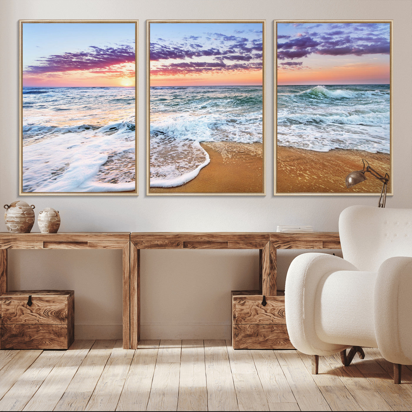 MGV-FC-60X30-3P - Coastal Sunset Art Beach Canvas Wall Art Print | Ocean Waves Wall Art | Large 3-Panel Seascape for