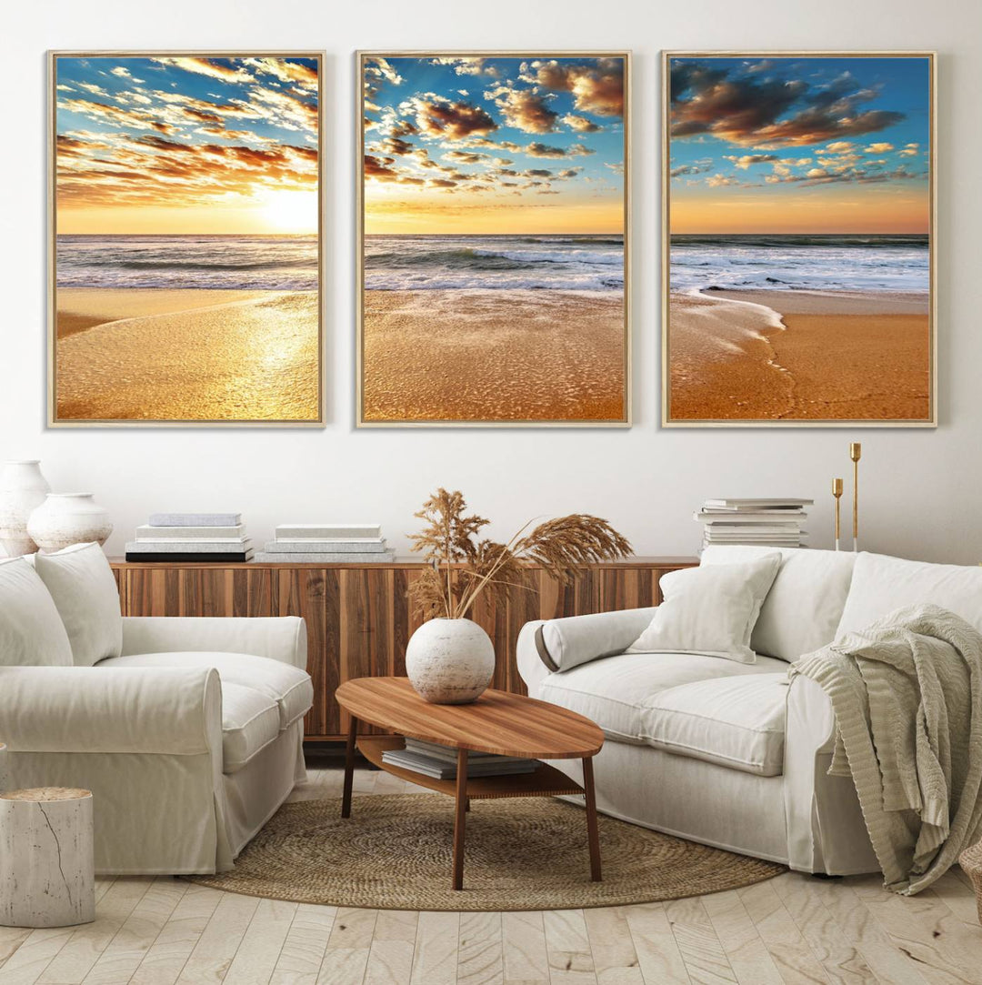 A gallery-wrapped canvas titled Soothing Sunset on Calm Beach is featured.