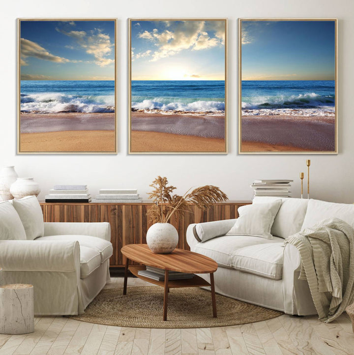 The dining room features a Coastal Tropical Beach Sunset canvas wall art.