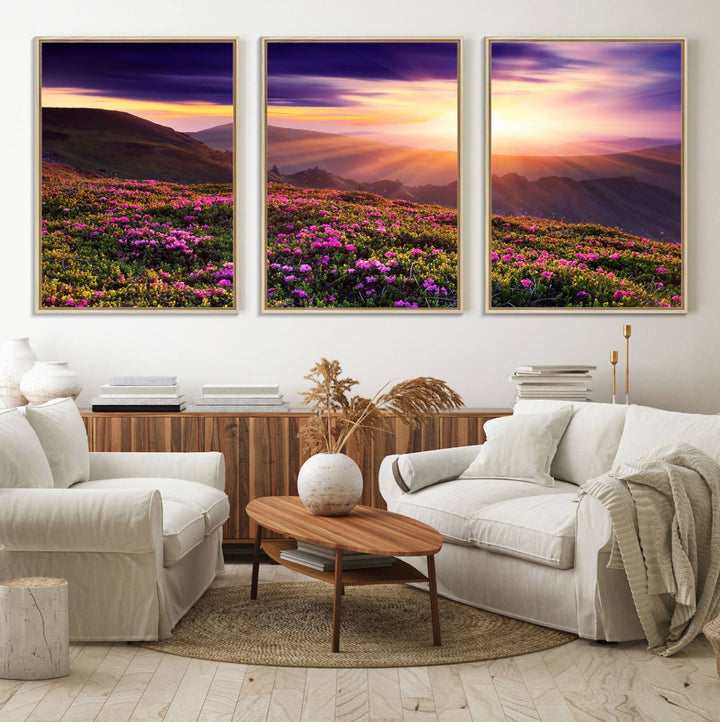 Gallery-wrapped wall art of a stunning mountain sunset and purple flowers.