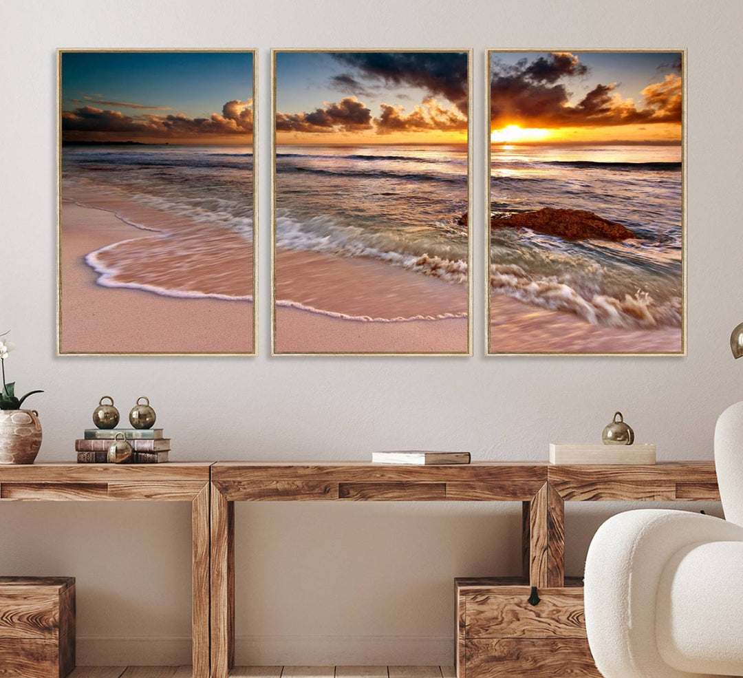 The Sunset on Ocean Wall Art Canvas Print beautifully captures a beach sunset, gentle waves, and a peaceful atmosphere.