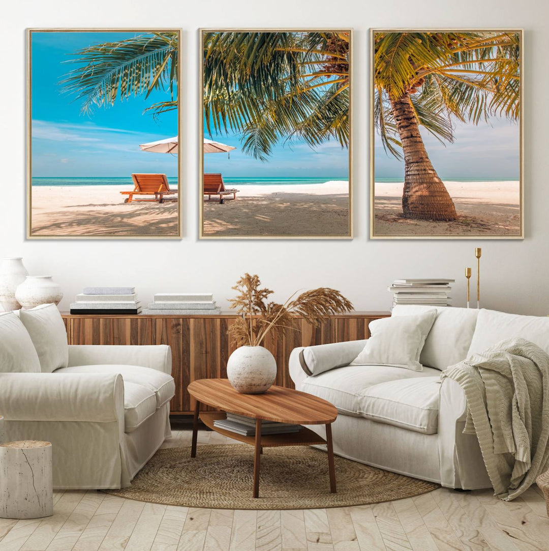 The 3-panel Tropical Beach Wall Art features palm trees and sun loungers, perfect for coastal decor.